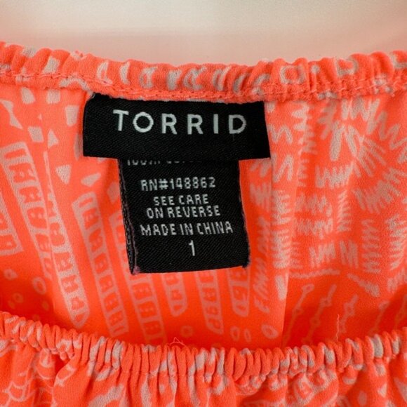 Torrid Blouse Top Womens 1 Neon Pink Doodle Print Georgette Ruffle Off Shoulder - Picture 5 of 8